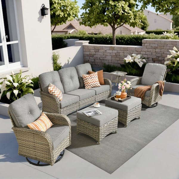Beverly Gray 6-Piece Wicker Patio Conversation Sofa Swivel Chairs Set with Ottomans and Dark Gray Cushions