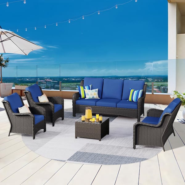 OVIOS Janus Brown 5-Piece Wicker Patio Conversation Seating Set with Navy Blue Cushions and Coffee Table