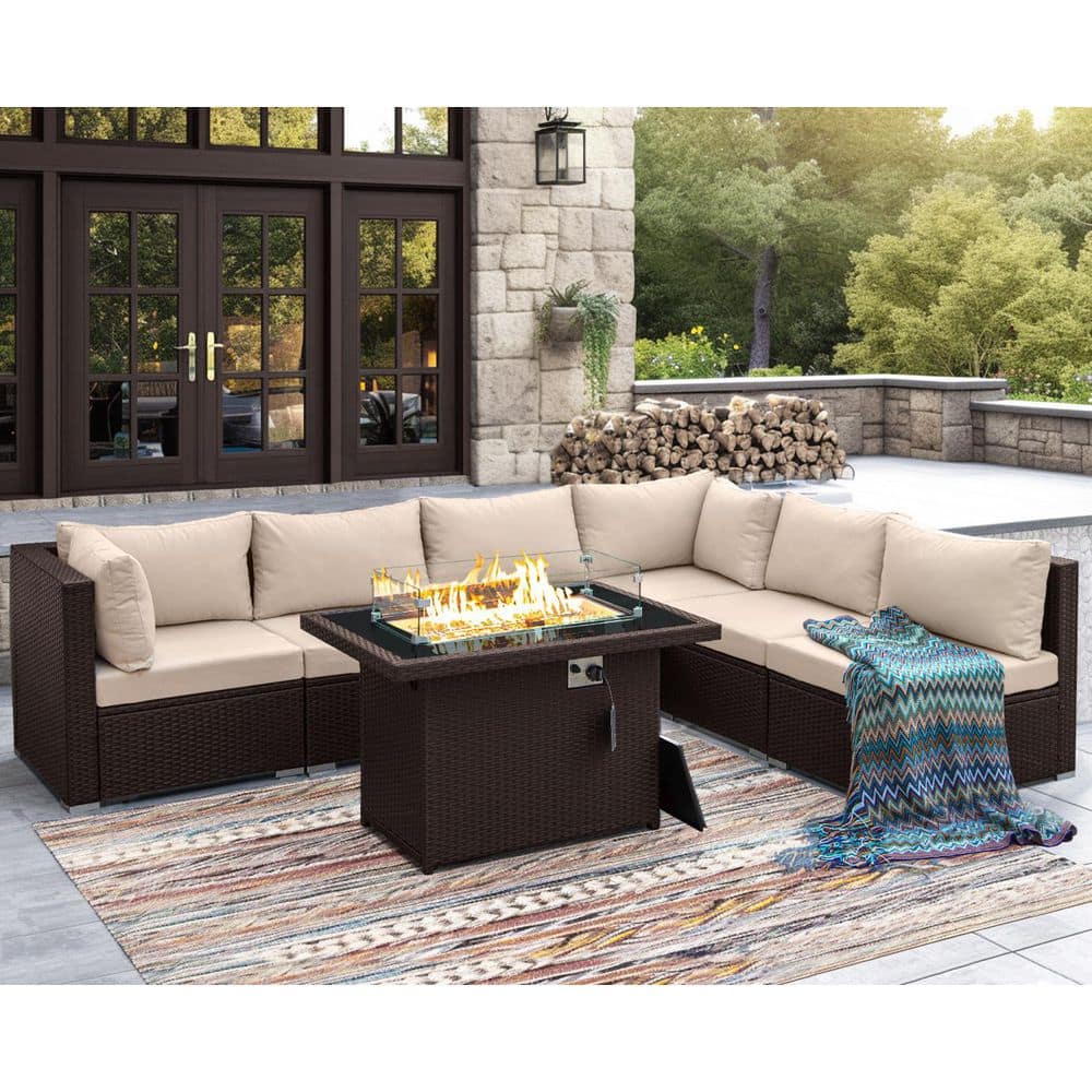Large 7-Piece Espresso Wicker Patio Conversation Set Deep Sectional Seating Set Beige Cushions and with Fire Pit Table price history on PriceWatchPro
