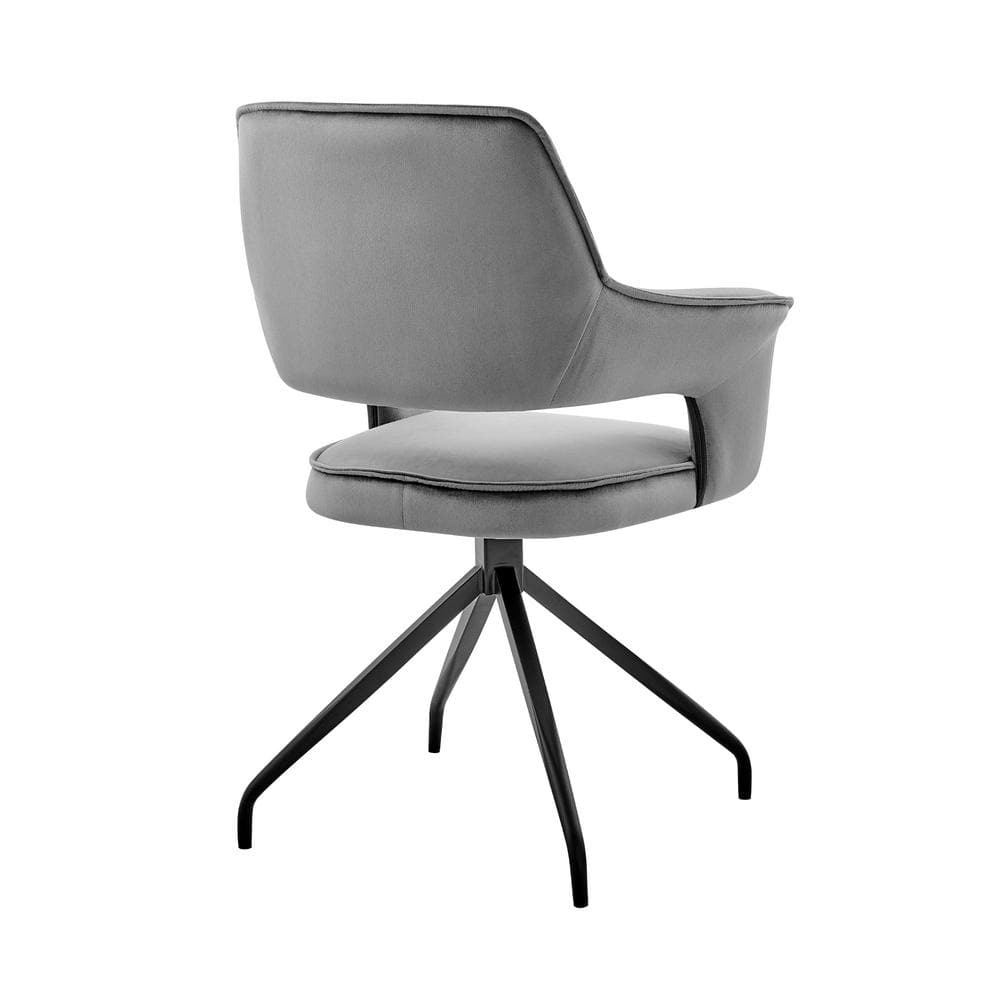 Contemporary Gray Velvet Upholstered Swivel Arm Chair with Metal Base