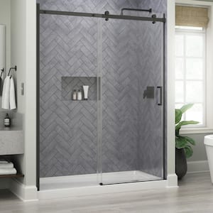Commix 54-3/8 to 60 in. W x 76 in. H Frameless Exposed Roller Sliding Shower Door in Matte Black, 5/16 in. Clear Glass