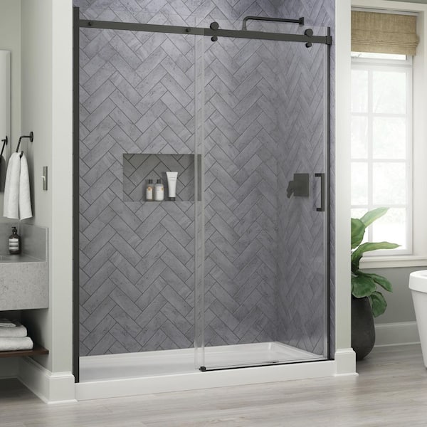 Commix 54-3/8 to 60 in. W x 76 in. H Frameless Exposed Roller Sliding Shower Door in Matte Black, 5/16 in. Clear Glass