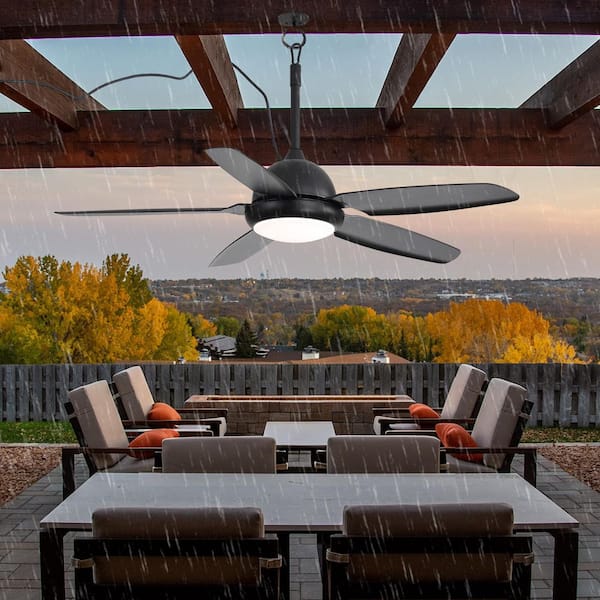 52 in. Outdoor Black Waterproof Standard Downrod Ceiling Fan with Light and Remote Control