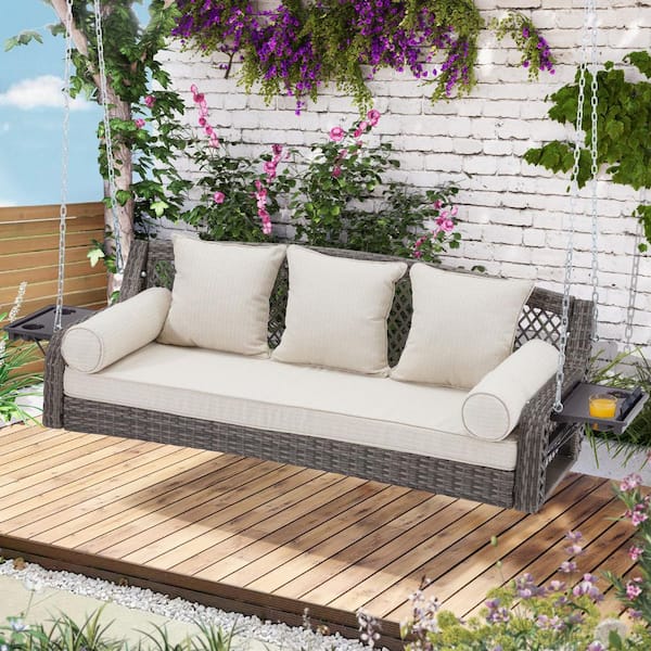 Tenleaf 3-Person Wicker Porch Swing with Cup Holders and Beige Cushions, Yard Swing with Chains for Deck Garden Backyard