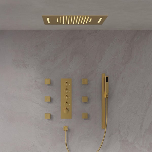 LED Thermostatic Quintuple Handle 15-Spray 23 x 15 in. Shower Faucets 2.5 GPM / Anti Scald, Body Spray in. Brushed Gold