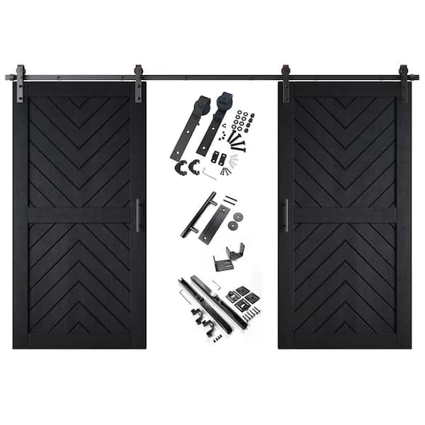 JT4 32 in. x 80 in. C-Panel Black Fishbone Design Double Pine Wood Sliding Barn Door with Hardware Kit