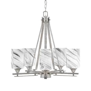 Ontario 20.75 in. 5-Light Aged Silver Geometric Chandelier for Dinning Room with Onyx Swirl Shades No Bulbs Included