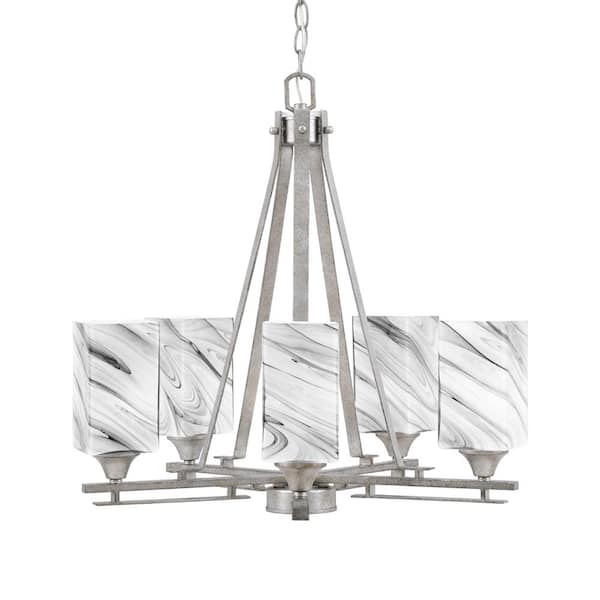Unbranded Ontario 20.75 in. 5-Light Aged Silver Geometric Chandelier for Dinning Room with Onyx Swirl Shades No Bulbs Included