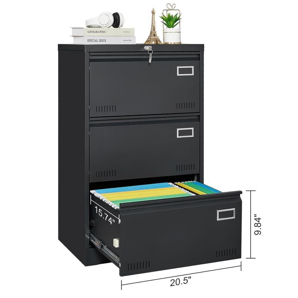 Black 3-Drawer Lockable Metal Lateral File Cabinet