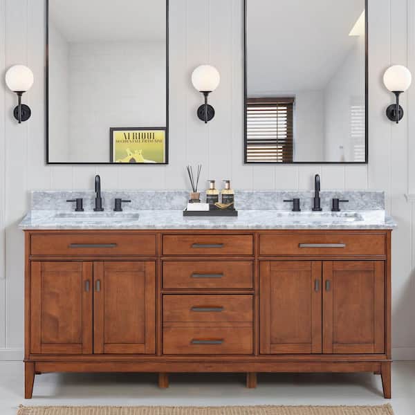 Madison 73 in. Double Sink Tobacco Bath Vanity with Carrara White Marble Top