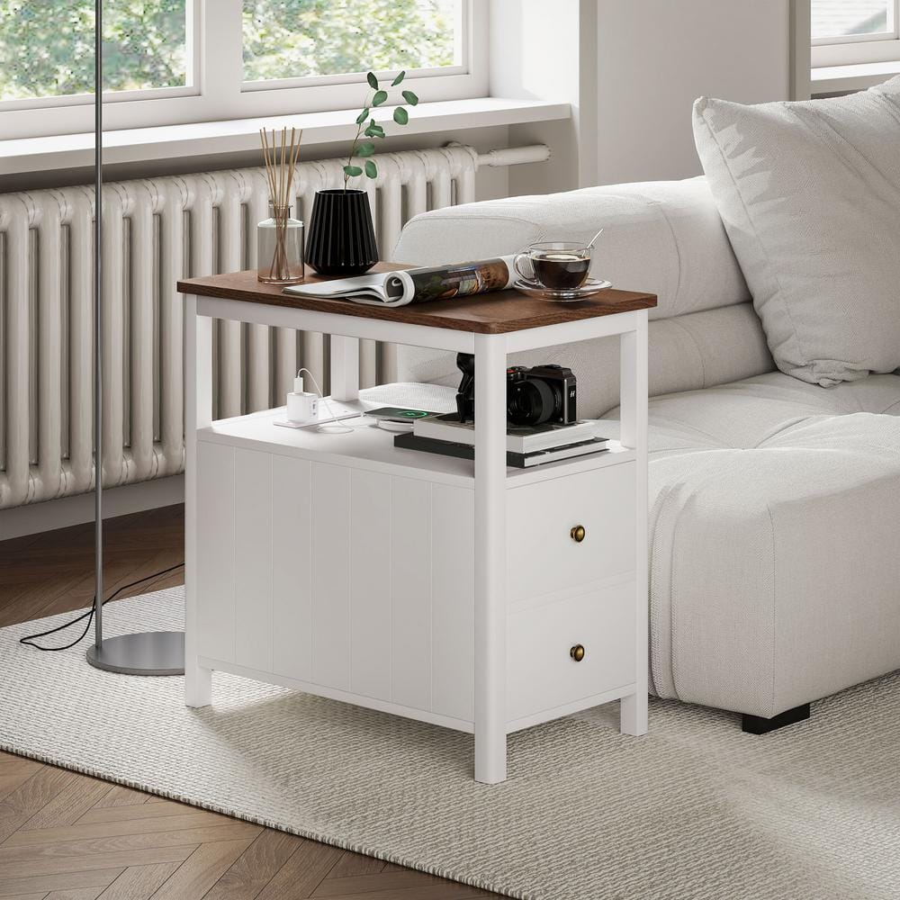 White and Brown Wood End Table with Charging Station and Storage