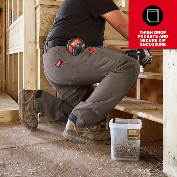 Milwaukee Men's Black FREEFLEX Tech Work Pants with 7 Pockets, 38x32