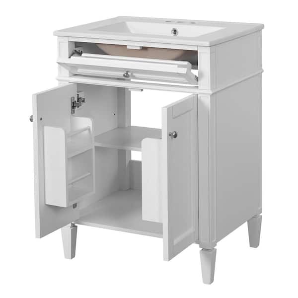 24 in. W Single Sink Freestanding White Bath Vanity with White Ceramic Top and Tip-Out Drawer, Unassembled
