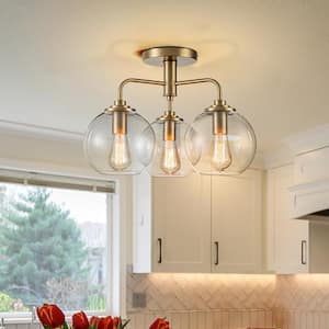 Jacob 18.12 in. 3-Light Brass Semi Flush Mount Ceiling Light with Glass Shade