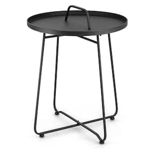 18 in. Black Round Metal Patio End Table Weather Resistant with Handle