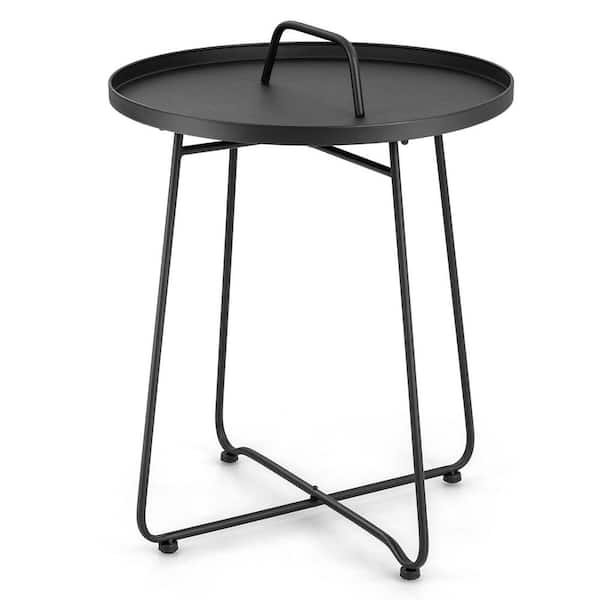 ANGELES HOME 18 in. Black Round Metal Patio End Table Weather Resistant with Handle