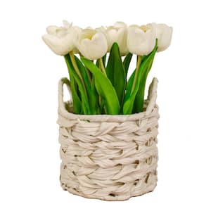 10 in. Artificial Floral Arrangements Tulips in Basket- Color: White