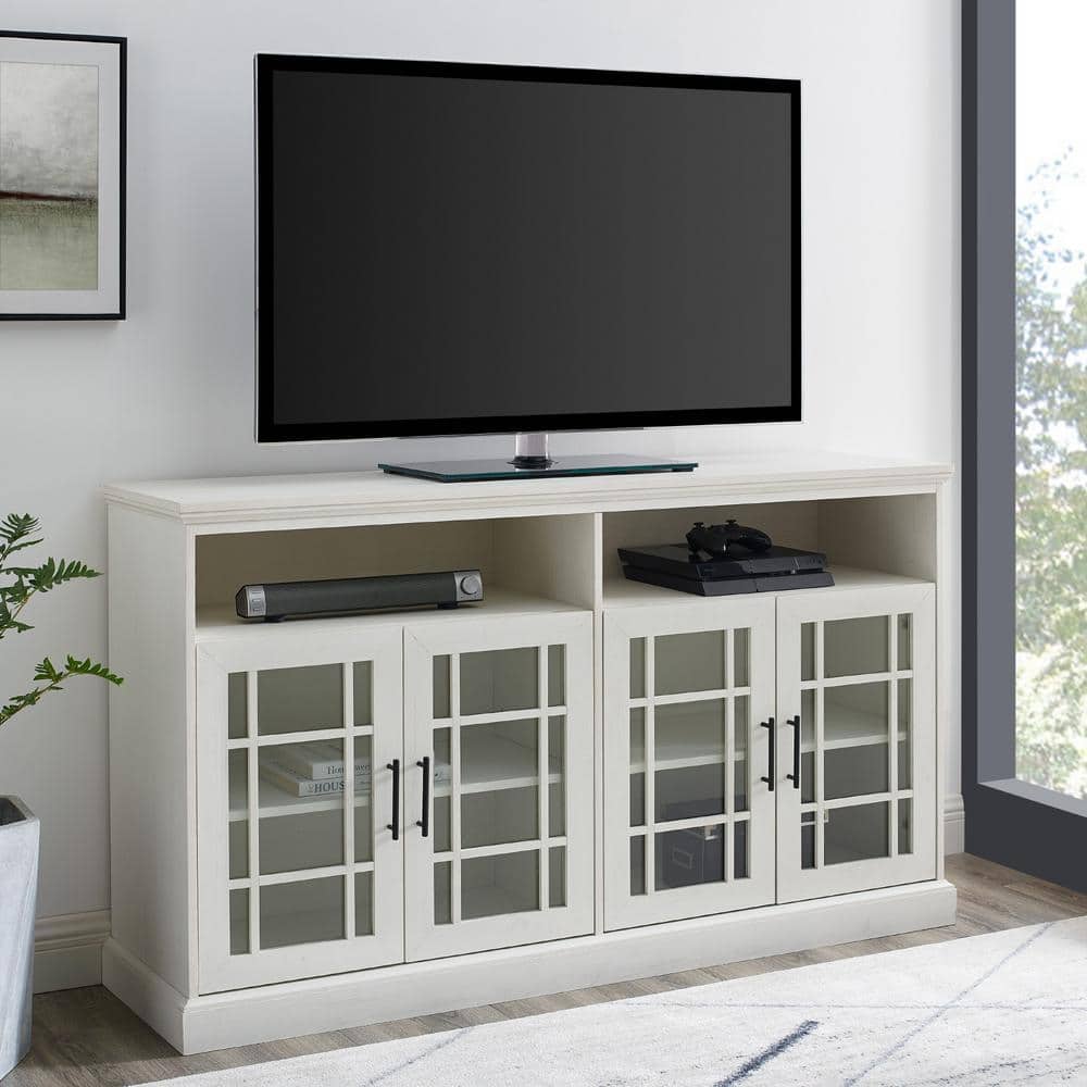 Brushed White Glass Door TV Stand with Cabinet, 58 Inch