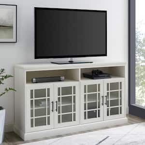58 in. Brushed White Wood and Glass Transitional Hatched Door TV (Max tv size 65 in.)