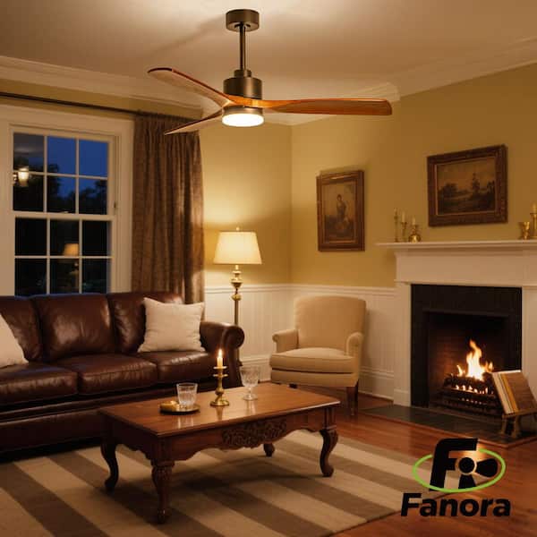 52 in. Black Wood Ceiling Mounted Low Profile Standard Ceiling Fan with Integrated LED, with Romote Control