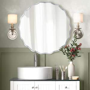 31.5 in. W. x 31.5 in. H Round Silver Aluminum Alloy Framed Scalloped Wavy Wall Mirror