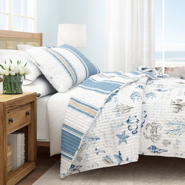 Blue Coastal Stripe Reversible 3-Piece Full / Queen Microfiber Quilt Set