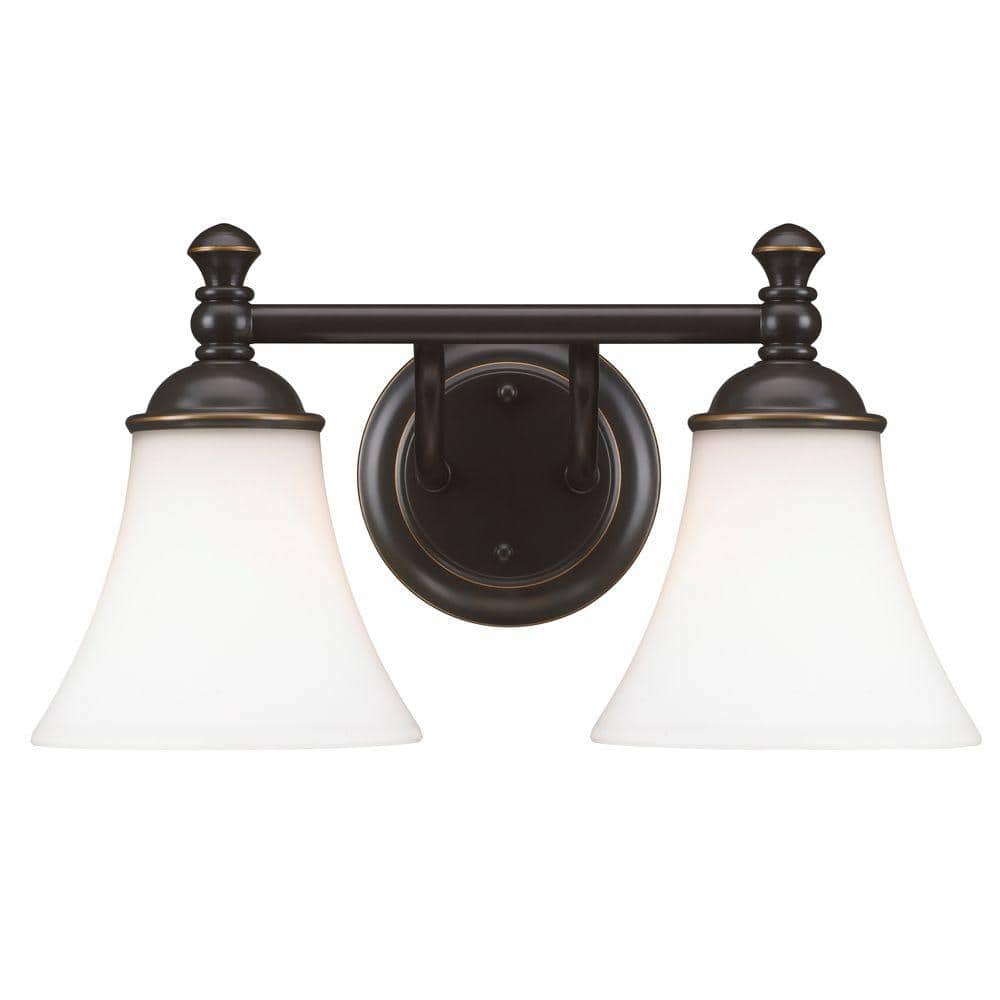Hampton Bay Crawley 2 Light Oil Rubbed Bronze Vanity Light With White Glass Shades Ad065 W2 The Home Depot