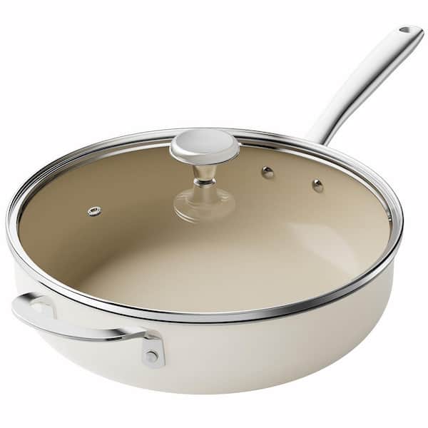 5 qt. Beige Nonstick Aluminum Saute Pan with Lid and Ergonomical Stainless Steel Handle, Dishwasher and Oven Safe