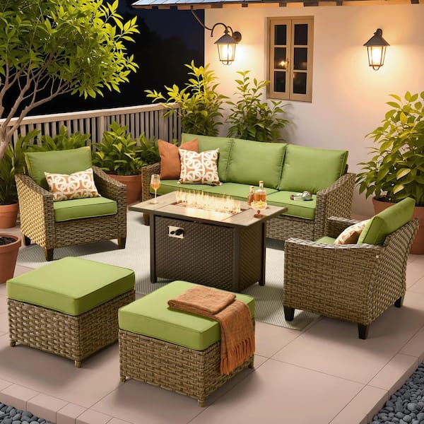 Rosy 6-Piece Wicker 5-Seat Outdoor Fire Pit Furniture Patio Conversation Sofa Seating Set with Green Cushions