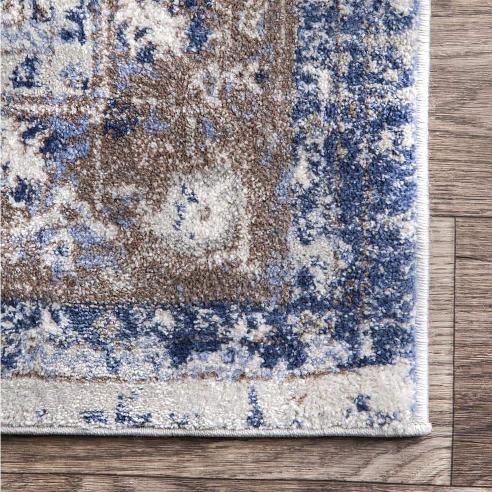 Reversible Medallion Light Blue 5' Square Synthetic Area Rug