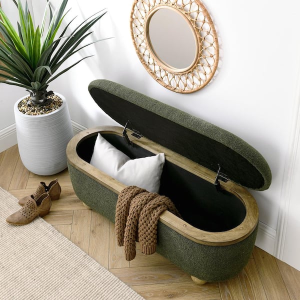 Unbranded Green 43.3 in. Oval Bedroom Bench Upholstered End of Bed Ottoman Bench with Storage Large Blanket Storage Bench Footrest