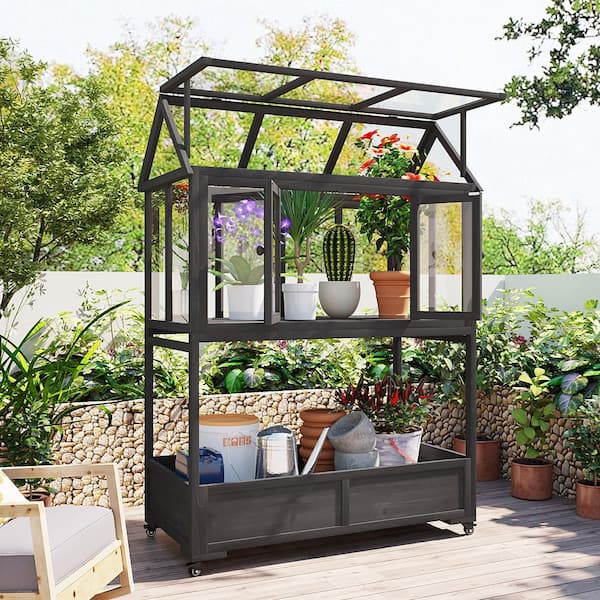 23.6 in. W x 47.2 in. D x 69.3 in. H Black Wood Portable Frame Movable Wheels Greenhouse Openable Roof and Storage Box