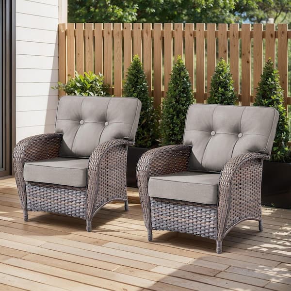 T-Frame Brown Wicker Outdoor Lounge Chairs with Olefin Gray 5 in. Thick Cushions (2-Pack)