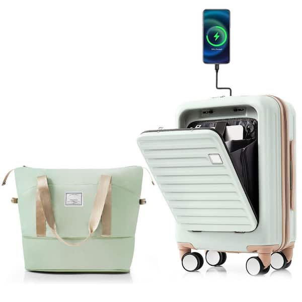 Front Opening 2-Piece Gray Green 20 in. ABS Hardshell Luggage Set with Expandable Travel Bag, USB Ports, Cup Holder