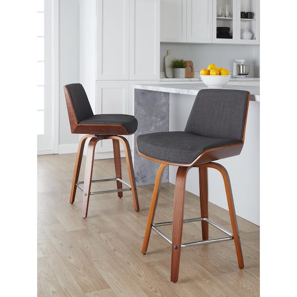 LumiSource Corazza 25 in. Charcoal Fabric, Walnut Wood and Chrome Metal Fixed-Height Counter Stool with Square Footrest (Set of 2)
