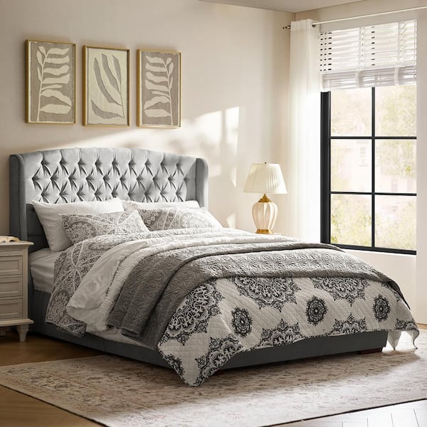 Adrian Light Gray 66.25 in. Wood Frame Queen Panel Bed with Hydraulic Storage and Nail Head Trims