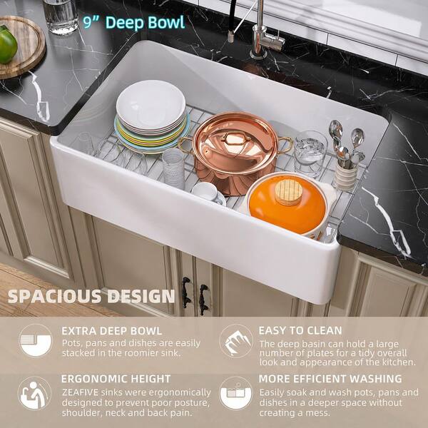 Zeafive 30 in. Apron Front Single Bowl White Fireclay Farmhouse