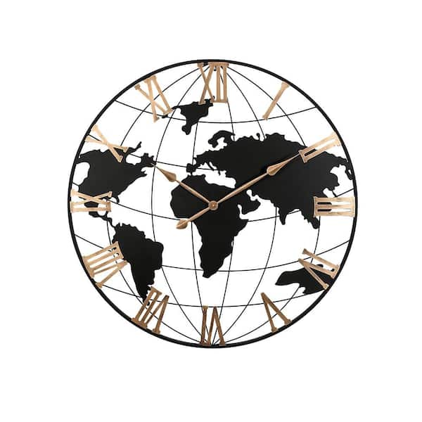 Unbranded 36 in. Black Metal Wall Clock, Modern World Map Wall Clock with Vintage Gold Roman Numeral, Decorative for Living Room