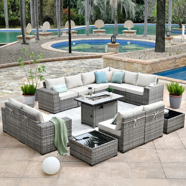 HOOOWOOO Tahoe Grey 13-Piece Wicker Wide Arm Outdoor Patio Conversation Sofa Set with a Fire Pit and Beige Cushions