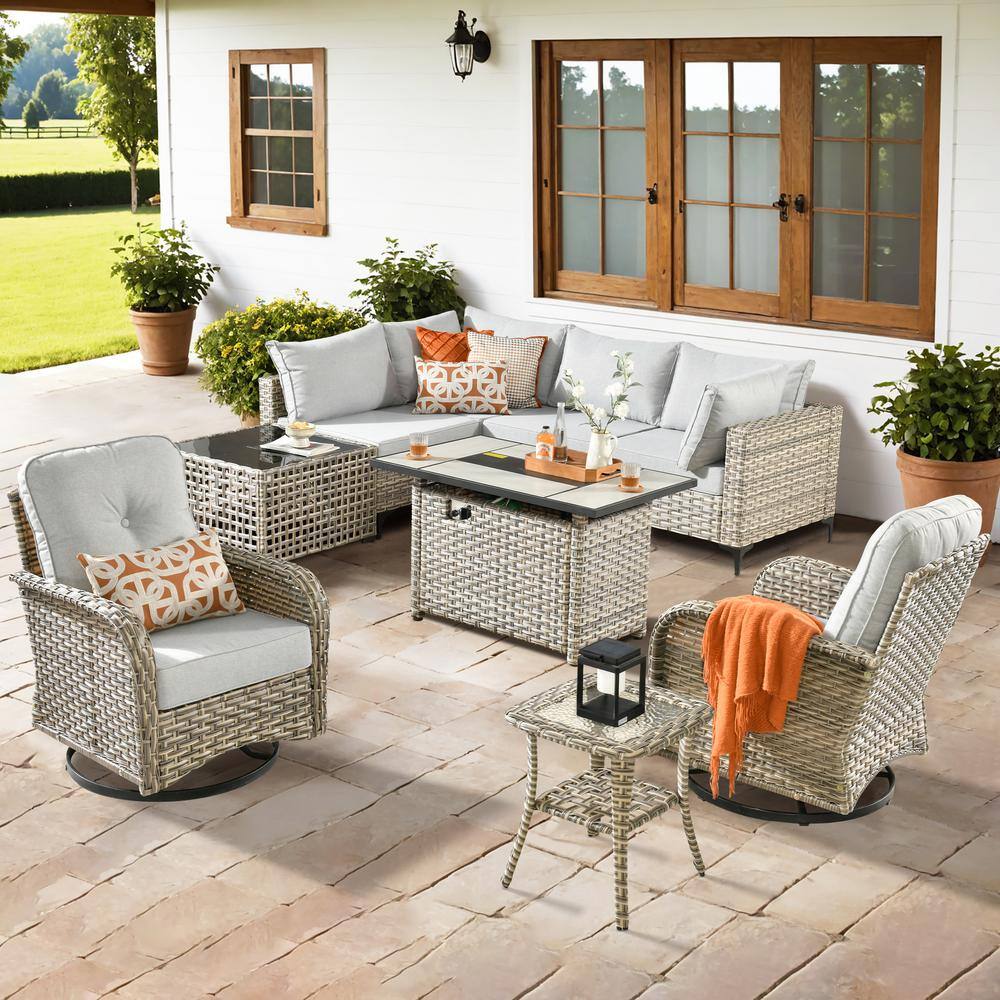Savona 9-Piece Wicker Outdoor Patio Conversation Sectional Chair Set with Rectangular Fire Pit and Light Gray Cushions price history on PriceWatchPro