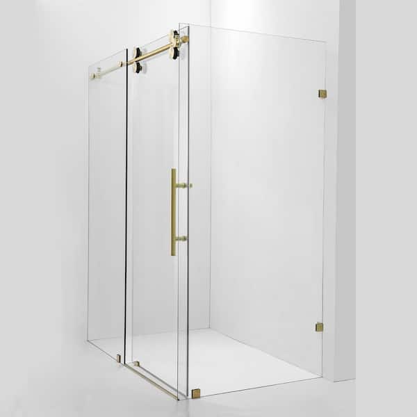 ROSWELL Spezia 68 in. W x 78 in. H Rectangular Single Sliding Frameless Corner Shower Enclosure in Brushed Gold