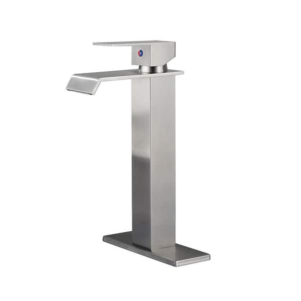 Unbranded Single Handle Vessel Sink Faucet Single Hole Bathroom Faucet with Waterfall and Deck Plate in Brushed Nickel