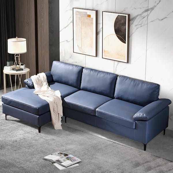 Allwex Breathabo 100 In. W Reversible 3-Piece Fabric L-Shaped Faux Leather  Sectional Sofa Coach In Blue Mk6L - The Home Depot