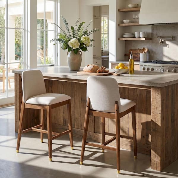 Modern 29.5 in. H Walnut Finish Wood Frame Beige Fabric Upholstered Bar Stools with Footrest, Set of 2