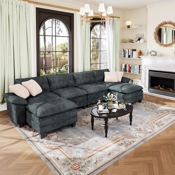 157.5 in. Flared Arm 6-Seat Chenille Modular Sectional Sofa in Cerulean-Dark-Cyan with Throw Pillows and Ottomans