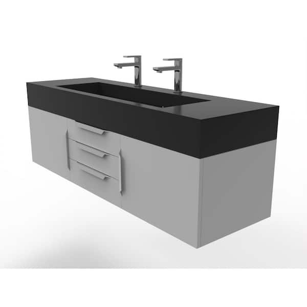 castellousa Nile 60 in. W x 19 in. D x 20 in. H Single Sink Bath Vanity in Matte Gray with Chrome Trim and Black Solid Surface Top