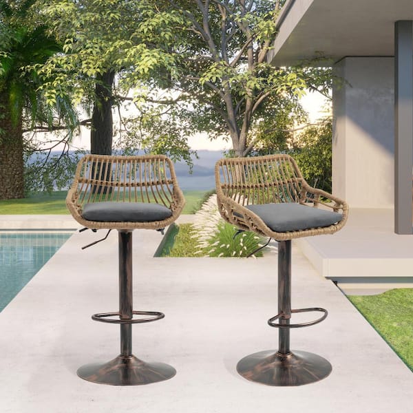HOMEFUN 43 in. Anti-Bronze Metal Frame Adjustable Outdoor Bar Stool with Dark Gray Rattan Removable Cushioned Seat (Set of 2)