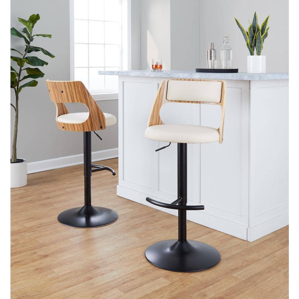 Adjustable Black Metal and Zebra Wood Barstools with Cream Faux Leather
