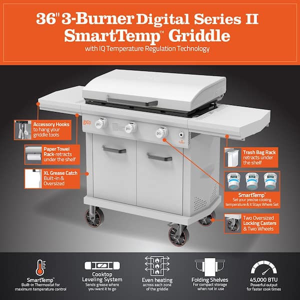 LOCO - Series II 36 in. 3-Burner Digital Propane SmartTemp Flat Top Grill / Griddle in Chalk Finish with Enclosed Cart and Hood