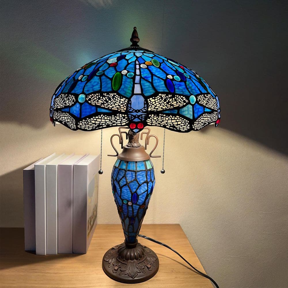 VINPLUS 24in. Dark Bronze Tiffany Table Lamp with Blue Dragonfly Stained Glass Shade and Pull Chain Control Task & Reading Lamp CL164376DT
